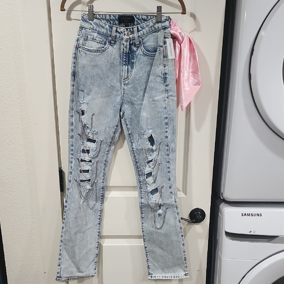 Juicy Couture Pants - Juicy Couture Melrose Wash Indigo Studded Chain Girlfriend Jeans Women's 24 NWT